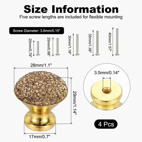 Game Changing 4 Pack Round Rhinestone Drawer Knobs With Bling Crystal Toppers And Shiny Gold Hardware dimensions and screw sizes.