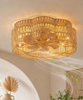 Pixxrib Boho Caged Ceiling Fans with Lights for Bedroom Living room, yellow twine design with warm glowing lights.