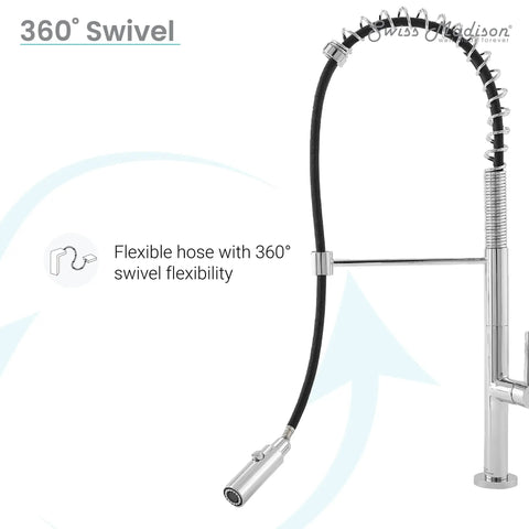 Chalet Single-Handle Pull-Down Kitchen Faucet in Chrome with flexible 360-degree swivel hose, demonstrating versatile design.