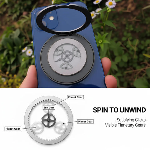 Fidget Grip For MagSafe iPhone Through 17 Series With 360 Degree Kickstand And ASMR Clicks, showing planetary gears on phone back