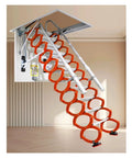 Top Shelf Electric Pulldown Attic Ladder With Smooth Folding Loft Stairs No Fuss Roof Access Plus Heavy Duty Extension Kit. Red non-slip steps visible.