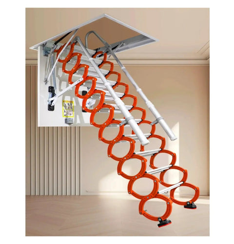 No Sweat Heavy Duty Electric Attic Stairs With Hidden Pull Down Folding Loft Ladder System, orange rings, lightweight design.