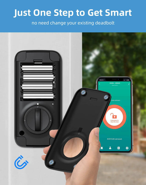 Bluetooth Enabled Smart Door Lock with Keyless Entry installation view with app control interface on smartphone screen