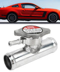 Must Have Inline Aluminum Radiator Hose Filler Neck Cap 32mm 1 And A Quarter Inch 16 PSI Durable Alloy Coolant Fitting shown in front of red car