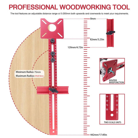 No Sweat 4 In 1 Router Jig And Precision Edge Guide For Woodworking Dead On Accurate Circle Cutting Milling Bracket, red, adjustable scale