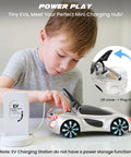 SIMREX gesture-sensing RC car with white body and blue LED wheels, shown with charging dock