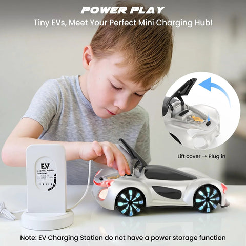 SIMREX gesture-sensing RC car with white body and blue LED wheels, shown with charging dock