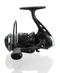 Side view of Loaded Spinning Reel with 10lb braided line, carbon disc drag, CNC aluminum spool, and ambidextrous black silver finish.