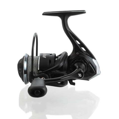 Side view of Loaded Spinning Reel with 10lb braided line, carbon disc drag, CNC aluminum spool, and ambidextrous black silver finish.