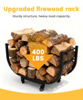 Heavy Duty Firewood Rack With Casters For Indoor Or Outdoor Use Matte Black Wood Carrier On Wheels with stacked logs