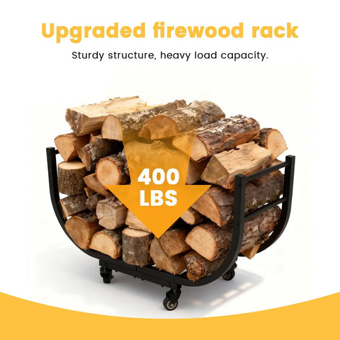 Heavy Duty Firewood Rack With Casters For Indoor Or Outdoor Use Matte Black Wood Carrier On Wheels with stacked logs