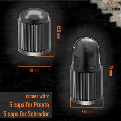 5 caps for Presta and 5 caps for Schrader valves included in Brass No Fuss Presta To Schrader Valve Adapters Set, dimensions shown