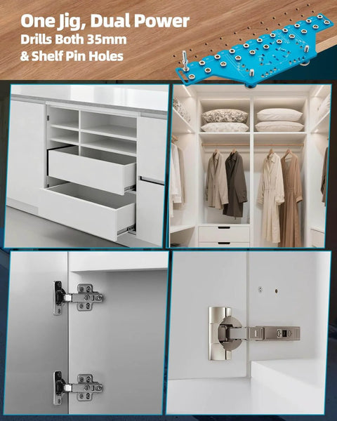 2-In-1 Cabinet Jig With 11-Hole Shelf Pin Guide And Concealed Hinge Drilling Template in use on cabinets and hinges.