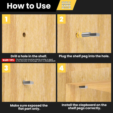 How to use Heavy Duty 100 Pack Stainless Steel Shelf Pins With Polished Nickel Finish for cabinet installation steps.