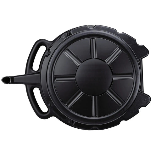 Heavy Duty 15L Oil Drain Pan With Anti Splash Spout For Car And Motorcycle Oil Changes, top view showing durable black plastic design.