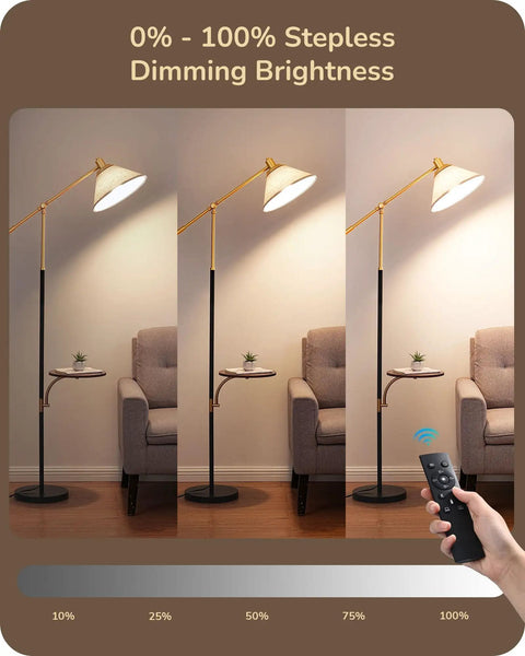 Lit Arched Floor Lamp Black Metal Standing Arc Lamp With Foot Switch showing dimming brightness levels from 0% to 100%