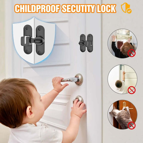 Childproof security lock on door, Compact 90 180 Degree Sliding Door Latch, Heavy Duty Flip Bar Lock, ideal for homes with children.