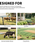 Kickin Heavy Duty 2 In 1 Electric Fence Energizer With Plug In And 12 Volt Battery Backup featuring images of farm animal containment, garden protection, and crop fencing.