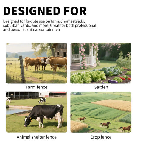 Kickin Heavy Duty 2 In 1 Electric Fence Energizer With Plug In And 12 Volt Battery Backup featuring images of farm animal containment, garden protection, and crop fencing.