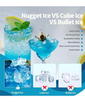 Nugget ice comparison image showing the benefits of Portable Nugget Ice Maker Brings The Chill Producing 34 Pounds of Chewable Pebble Ice Daily.
