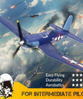 RC Planes For Adults With 4 Channel RTF F4U Corsair Fighters, 6 Axis Gyro in flight over cloudy sky with aerobatic texts.
