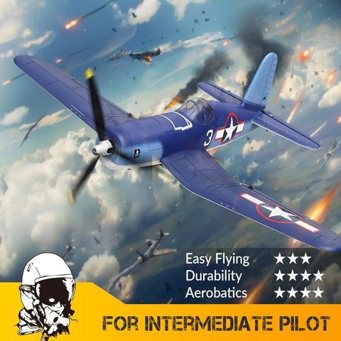 RC Planes For Adults With 4 Channel RTF F4U Corsair Fighters, 6 Axis Gyro in flight over cloudy sky with aerobatic texts.