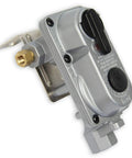 Flame King ACR-2 propane regulator; close-up view, two-stage auto-changeover, silver metal body with brass inlet fitting