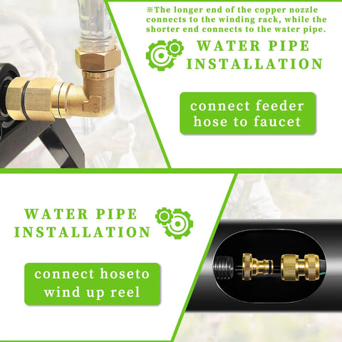 Diagram showing water pipe installation with copper nozzle and feeder hose connection for Heavy Duty Garden Hose Reel With Crank Handle Retractable 5/8 Inch Hose Reel For Wall Or Floor Mount No Hassle Metal Construction Holds Up To 300 Feet Of Hose Rotates 180 Degrees For Easy Access Keeps Your Yard Clean And Tidy Hose Not Included.