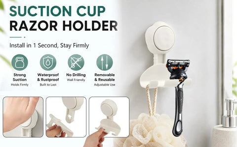 Hassle Free Heavy Duty Suction Cup Razor Holders For Bathroom Sink Organizer showing a black razor and loofah hooks.