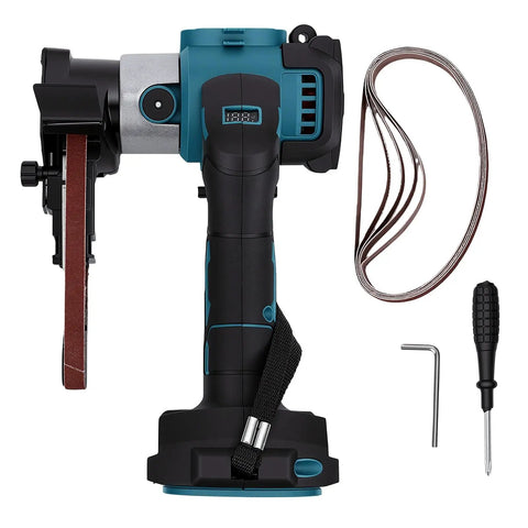 Heavy Duty Cordless Belt Sander Built Like A Workhorse With Brushless Motor And 18V Battery Fit For Fast Rust Knockout And Smooth Wood Polish On Any Garage Build, top view with accessories.