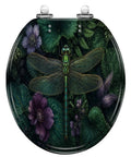 Round Intricate Dragonfly Green Foliage Purple Flowers Toilet Seat featuring a detailed dragonfly design on leafy background