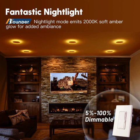 Living room with 12 Pack 6 Inch LED Recessed Ceiling Lights With Night Light 5CCT Selectable 2700K To 5000K Ultra Thin Canless Wafer