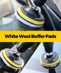 Holikme 30-pack drill brush attachments with white wool buffer pads and yellow foam, mounted on a cordless drill