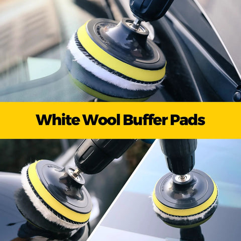 Holikme 30-pack drill brush attachments with white wool buffer pads and yellow foam, mounted on a cordless drill