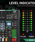 Close-up of level indicator on Six Channel DJ Mixer For Live Streaming And Studio Recording Pro Soundboard with effects and controls.
