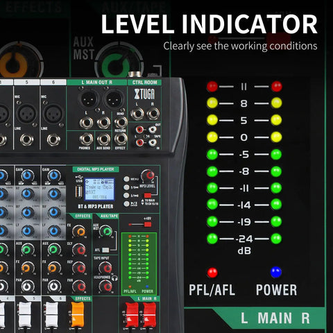 Close-up of level indicator on Six Channel DJ Mixer For Live Streaming And Studio Recording Pro Soundboard with effects and controls.