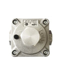 Natural gas grill regulator with square metal body and white adjustment knob; 1/2 in NPT ports.