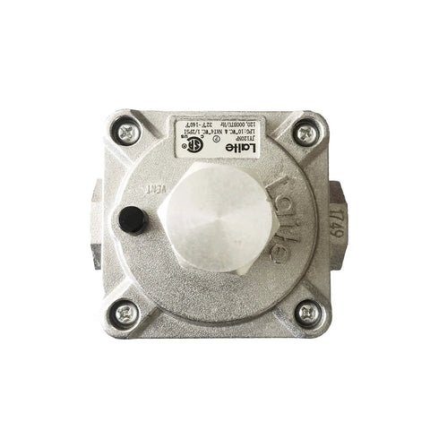 Natural gas grill regulator with square metal body and white adjustment knob; 1/2 in NPT ports.