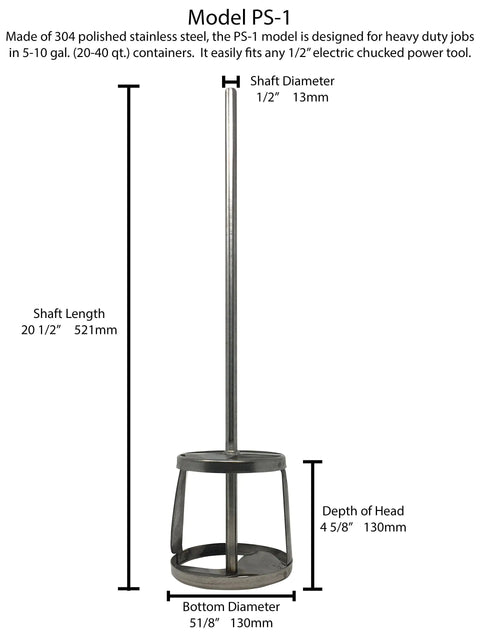 PS-1 1/2 Shaft Stainless Steel Mixing Blade For 5-10 Gallon Mixers With Vortex Action, detailed dimensions visible