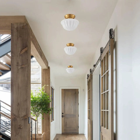 Gold Finish Schoolhouse Light Fixture 9 Inch Retro Vibe Modern Mid Century Semi Flush Mount Ceiling Light in hallway