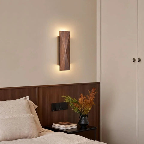 Feasey Set of 2 Walnut Wood Wall Sconce, Vintage Wall Mounted Light Fixture on beige wall above bedside table.
