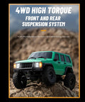 RC crawler with 4WD high torque on rocky terrain, showcasing front and rear suspension effectiveness.