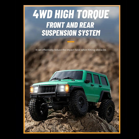 RC crawler with 4WD high torque on rocky terrain, showcasing front and rear suspension effectiveness.