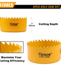Two yellow hole saws from Six Piece Hole Saw Set With Arbor Adapter Makes Short Work Of Wood Metal Plastic Drywall Cutter Kit.