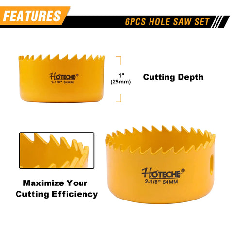 Two yellow hole saws from Six Piece Hole Saw Set With Arbor Adapter Makes Short Work Of Wood Metal Plastic Drywall Cutter Kit.