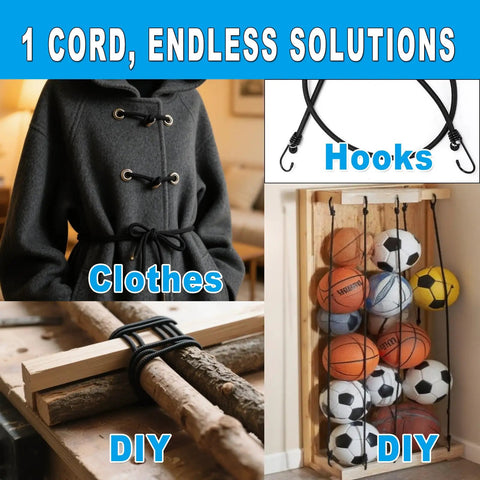 Collage showing uses of One Eighth Inch Round Black Elastic Cord 11 Yards Super Stretch Shock Cord Bungee Rope for clothing and DIY