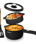 Mini Electric Pot With Nonstick 2L Capacity, Sauté And Steam Function, black pot with lid, spatula, soup, and seafood dish.