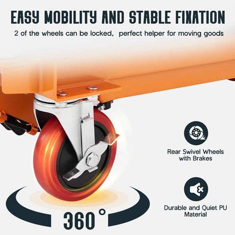 Heavy Duty Hydraulic Lift Table Cart With 1100 Lb Capacity Reliable Pump Smooth Operation Easy To Use For Material Handling Tasks showing rear swivel wheel with brake.
