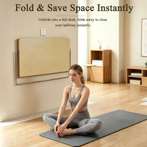 Solid Wood Wall Mounted Folding Table Boss Grade With Heavy Duty Metal Brackets And Hanging Organizer Shelf shown folded in a room