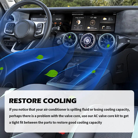 Car dashboard with visible airflow, illustrating the 33 Piece Car AC Valve Core Kit DIY Friendly With High And Low Pressure Caps Valve Stem Cores Removal Tool And R134A R12 Compatible AC Tools To Restore Cooling And Prevent Leaks.